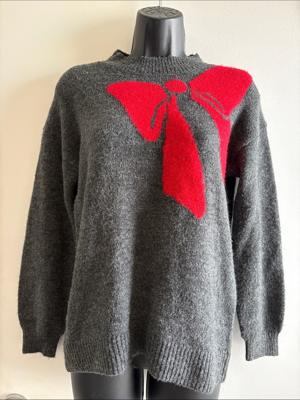 LOFT Cozy Charcoal Holiday Sweater with Red Bow SZ XXSP